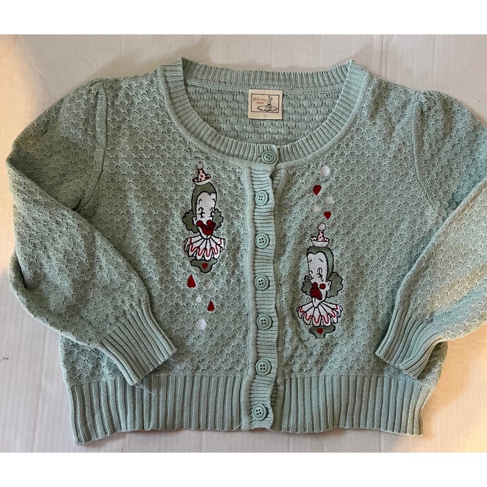 Mischief Made Juniors Large Cardigan Sweater Embroidered Retro Style Clown Core